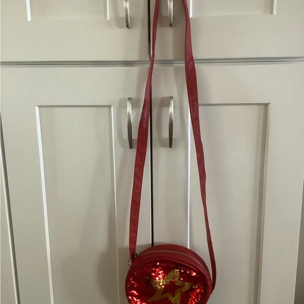 American girl red leather with sequin star crossbody bag purse zipper around